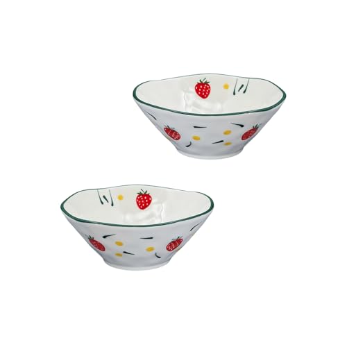 Ufeiwan Cottagecore Keramikschalen, handbemalt, Erdbeere, 2 Stück, japanische Matcha- und Salatschüsseln, mikrowellen- und spülmaschinenfest, Cottagecore-Dekor