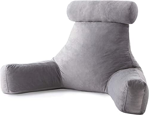 Linenspa extra großes Rückenkissen mit Nackenstütze – Lesekissen aus zerkleinertem Memory Foam, perfekt zur Rückenstützung beim Entspannen – weicher Velours-Bezug, Grau