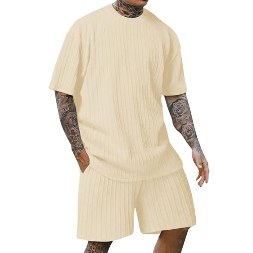 Sportanzug Herren Outdoor Klassisch Trainingsanzug Casual Mode T-Shirt Jugend Temperament Trend Kurzarm Und Kurze Hose 2-Teiliges Set D-Beige L