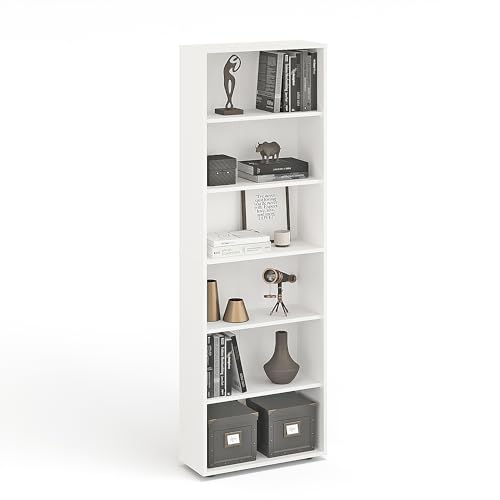 KOMTO Regal 60 cm breit Weiß - Bücherregal mit 6 Ebenen und Höhenverstellbare Regale, Standregal, Aufbewahrungsregal | Bookshelf Lumo 60 x 180 x 24 cm (BxHxT)