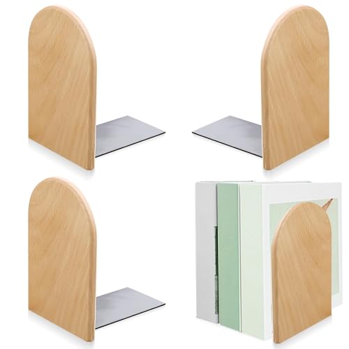 4 Stück Buchstütze mit rundem Kopf aus Buche, 13x10.5x8cm Buchstütze Holz, Buchstützen mit Rutschfesten Gummiauflagen, Abnehmbar Holz Buchstützen und Metallfüßen für Zuhause, Büro, Bücherei