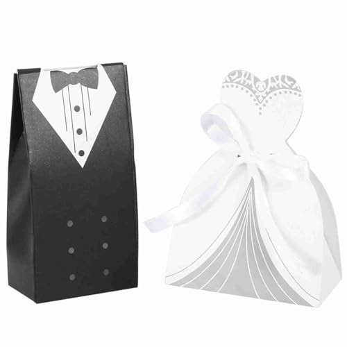 100pcs Hochzeitsfeier bevorzugt Kisten, kleine Braut und Bräutigam -Süßigkeiten, Smoking Kleid Bräutigam Braut und Großhandelspartkasten mit Band für Hochzeit (Doppelbrust)