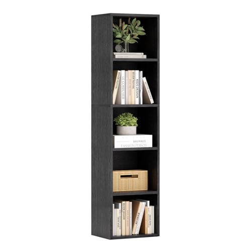 Nordivale Bücherregal Schmal, Bücherregal Schwarz, Standregal, Modernes offenes Regal aus Holz, für Wohnzimmer, Schlafzimmer, Büro, Arbeitszimmer, 5 Ebenen