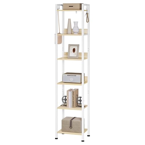 WOLTU Lagerregal mit 6 Ebenen, Küchenregal mit 4 Haken, Bücherregal im Industriestil, Standregal im Wohnzimmer Küche, schmales Leiterregal, Weiß+hell Eiche, 40x30x187cm