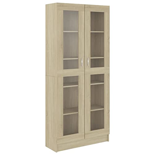 Homgoday Vitrine Schrank, modernes Bücherregal mit Glastüren, freistehender Vitrinenschrank für Wohnzimmer, Büro, Sideboard, Regal, Sonoma-Eiche, 82,5 x 30,5 x 185,5 cm, Holzwerkstoff