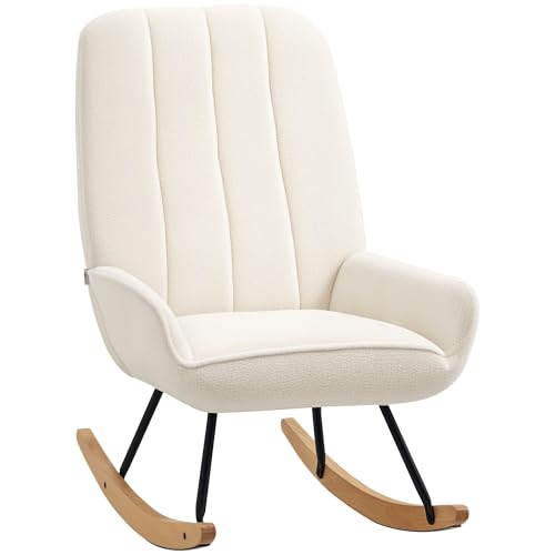 HOMCOM Schaukelstuhl Schaukelsessel mit Rückenlehne, Holzkufen, Relaxsessel, Sessel mit Sherpa-Vlies Stillsessel Schwingsessel für Wohnzimmer, Schlafzimmer, Balkon Cremeweiß