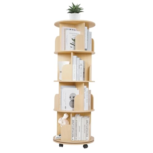uyoyous Drehbares Bücherregal Drehbares Bücherregal aus Massivholz Holzregal mit Rädern, 360° bewegliches CD/DVD-Regal, multifunktionales Aufbewahrungsregal für Kinder und Erwachsene-4 Ebenen