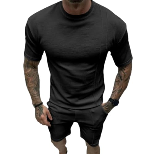 Sportanzug Herren Fitness Atmungsaktiv Trainingsanzug Casual Mode Jogginganzug Klassisch Kurzarm T-Shirt Und Kurze Hosen 2-Teiliges Set C-Black 3XL