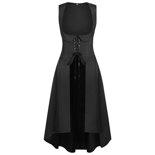 Renaissance-Kleid für Damen, Korsett, ärmellos, Maxikleid, Halloween-Kostüm, Schnürung, irisches Kostüm, elegantes Cottagecore-langes Kleid, Bühnenaufführung, Cosplay, festliche Outfits, 01 black, XXL