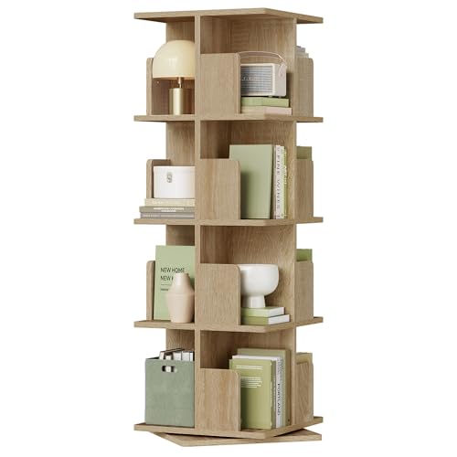 EUGAD drehbares Bücherregal Raumteiler Standregal Drehregal Büroregal Dekoregal 360° frei drehbar mit 4 Ebenen MDF helle Eiche 39,5x128x39,5 cm