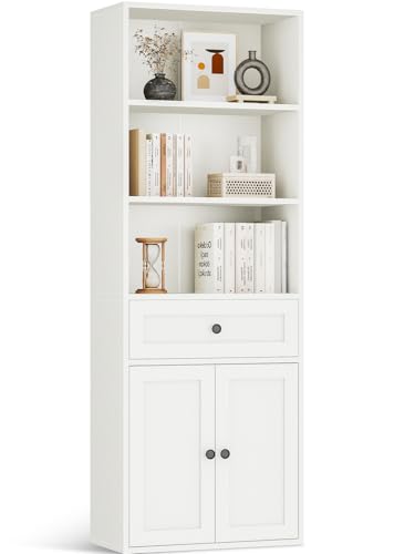 Coleshome Bücherregal mit Türen und Schrank Regal mit 5 Ebenen, Stehendes Etagenregal mit Schubladen zur Aufbewahrung und Präsentation für Zuhause, Büro, Wohnzimmer, Schlafzimmer, Weiß, 48x24x164.2