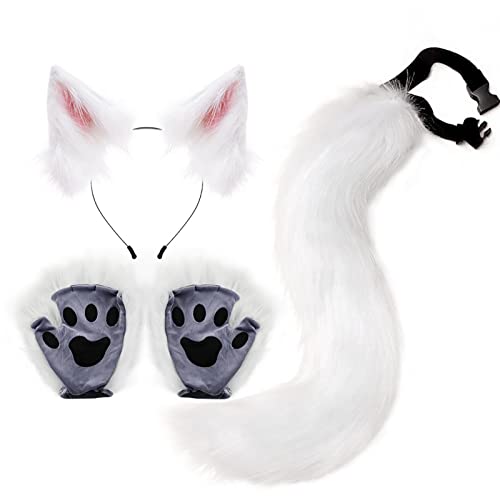 Set mit Schwanz und Handschuhen mit Wolfsohren, Halloween-Kostüm, Ohren- und Handschuhen mit Wolfsschwanzclip, Halloween-Party-Kostüm für Kostümpartys und Themenabende, S, Weißes Pulver, size