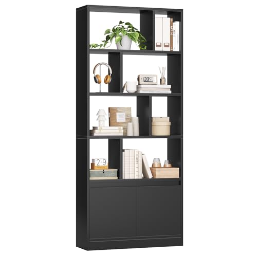 FORABAMB Bücherregal aus Holz, Bücherschrank Hoch mit 4 Ebenen und offenes Aufbewahrungsregal, Standregal Regal mit Türen für Wohnzimmer, Schlafzimmer, Büro, Arbeitszimmer, 155x60x24 cm, Schwarz