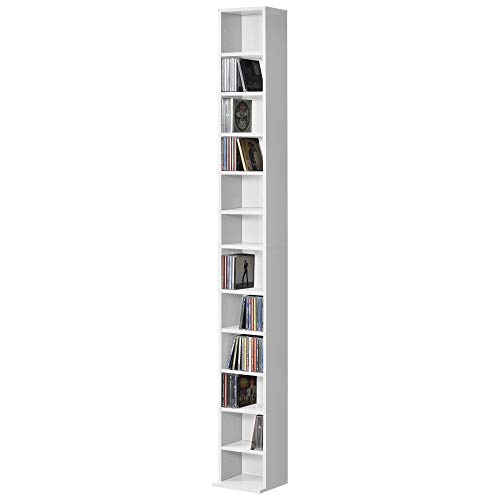 [en.casa] CD Regal Tynset DVD Regal mit 12 Ablagefächern CD Aufbewahrung 175 x 20 x 20 cm Standregal höhenverstellbare Regalböden Weiß