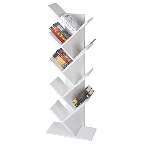 ML-Design Bücherregal mit 9 Ebenen in Baumform, 50x25x140 cm, Weiß, Holz, Standregal für CD/DVD, Bodenstehendes Regal für Wohnzimmer, Büro, Aktenregal Raumteiler Aufbewahrungregal Organizer für Bücher