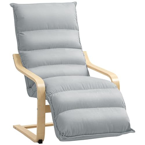 HOMCOM Relaxsessel, Loungesessel gepolstert Sessel mit verstellbarem Fußteil, Samtoptik für Wohnzimmer Schwingstuhl mit Armlehne, Lesesessel Hellgrau