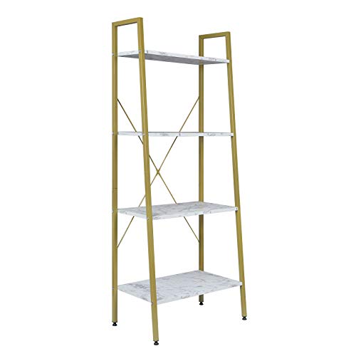 EUGAD Standregal Bücherregal Metallregal Leiterregal Stufenregal Multifunktionale Regal Industrie Design MDF Metall 60x35x148cm, Golden+Weißer Marmor