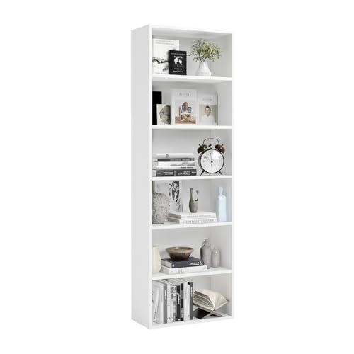 oneinmil Bücherregal, Bücherschrank mit 6 Ebenen, Standregal, Bücherregal Hoch, Modernes offenes Regal aus Holz, für Wohnzimmer, Schlafzimmer, Büro, Arbeitszimmer, 55,5 x 23,5 x 181 cm, Weiß