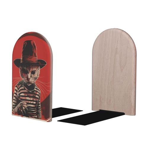 Buchstützen für Regale, 1 Paar – Holz mit Metallsockel, Retro-Horror-Katzen-Porträt, Buchstützen für schwere Bücher, Ständer, Organizer, für Bücher, CDs, Filme für Zuhause, Büro, dekorativ