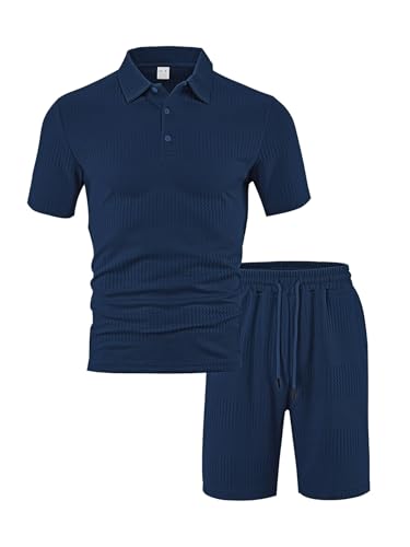 Trainingsanzug Herren Business Klassisch Activewear Mode Urban Jogginganzug Casual Laufen Sport Poloshirt Kurzarm T-Shirts Und Kurze Hose 2 Teiliges Set B-Navy M