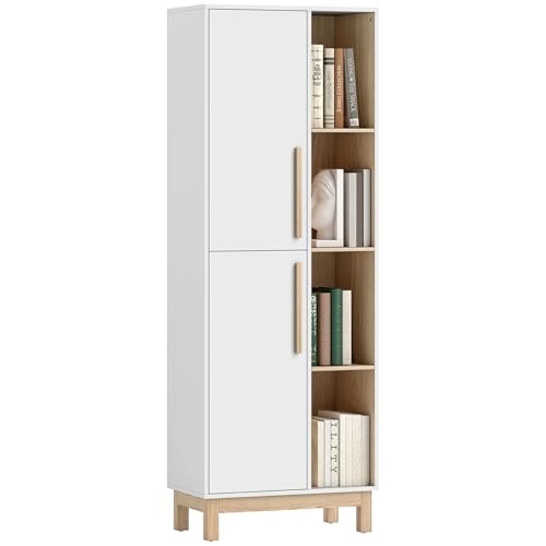 HOMCOM Bücherregal mit 2 Türen Standregal mit 4 Offenen Ebenen, Verstellbaren Ablagen, Bücherschrank für Wohnzimmer, Schlafzimmer, Büro, 62,5 x 35 x 176 cm, Weiß
