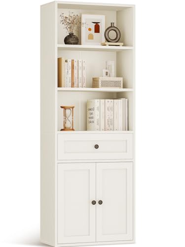 Coleshome Bücherregal mit Türen und Schrank Regal mit 5 Ebenen, Stehendes Etagenregal mit Schubladen zur Aufbewahrung und Präsentation für Zuhause, Büro, Wohnzimmer, Schlafzimmer, Weiß, 48x24x164.2