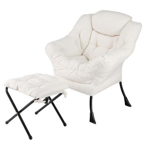 COSTWAY Sessel mit Hocker, Relaxsessel mit Armlehnen, Seitentasche & Fußstütze, Loungesessel, Fernsehsessel, gepolsterter Ohrensessel für Wohnzimmer, Schlafzimmer, Büro (Beige)