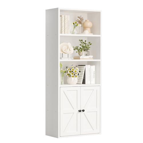 Nordivale Bücherregal mit Türen, Bücherregal Weiß aus Holz, Bücherschrank Hoch mit 5 Ebenen, Standregal, für Wohnzimmer, Schlafzimmer, Büro, Arbeitszimmer, 1 Stück