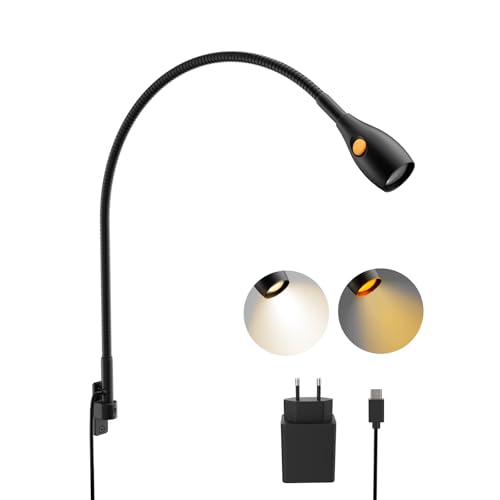 acegoo LED Leselampe Bett Vollmetall, Dimmbar Schwanenhals Lampe 3000K/Bernstein, Wandmontage Schwarz mit 2 Schalter Flexible, Drehbarer Leuchtenkopf für Buch Schlafzimmer (1 pack)