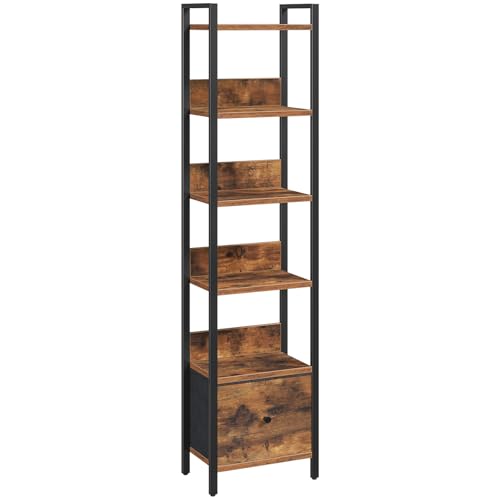MAHANCRIS Bücherregal mit Schublade, Standregal, mit 6 Ebenen, 24 x 33 x 157,5 cm, Bücherschrank mit Metallrahmen, Organizer für Wohnzimmer, Arbeitszimmer oder Küche, Rustikales Braun ABKHR66101