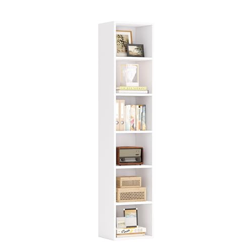 Nordivale Bücherregal Schmal, Bücherregal Weiß, Standregal, Modernes offenes Regal aus Holz, für Wohnzimmer, Schlafzimmer, Büro, Arbeitszimmer, 6 Ebenen