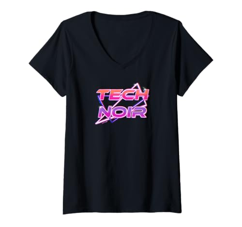 Damen Cyberpunk Tech Schwarz Vaporwave T-Shirt mit V-Ausschnitt