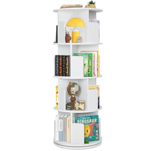labebe Drehbares Bücherregal 360 Grad, Holz-Eck-Bücherregal, 4-stöckiges drehendes Bücherregal, bodenstehendes Bücherregal, stapelbares Bücherregal, Aufbewahrungsregal Organisator, weiß