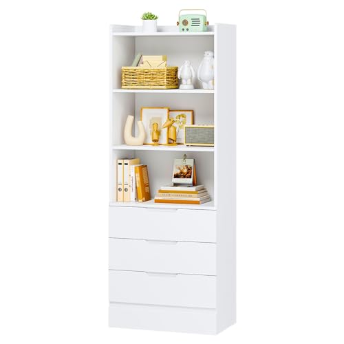 Brinlawb Bücherregal Weiß mit 3 Schubladen 3 Fächern Mehrzweckschrank 60 cm breit Hochschrank Wohnzimmer Küchenschrank Regal mit Schubladen Bücherschrank Holz für Wohnzimmer Büro Küche, 35x60x186 cm