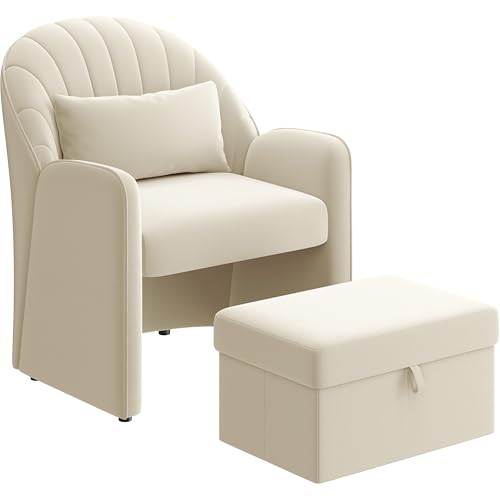 Yaheetech Sessel mit Hocker mit Stauraum, Bequemer Ohrensessel Wohnzimmer mit Rückenkissen, Relaxsessel Samt in Blütenblattform, Lounge Sessel für Büro/Schlafzimmer, Beige