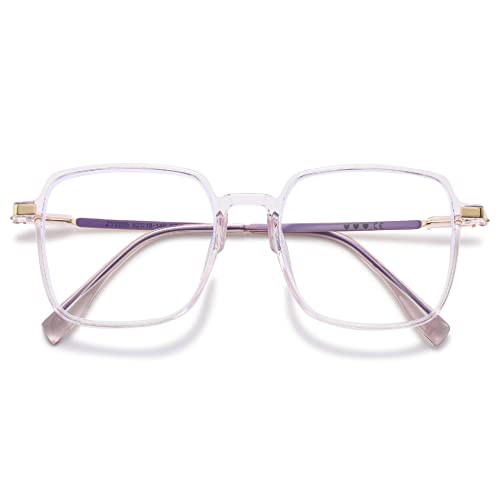 VEVESMUNDO Blaulichtfilter Lesebrille Metall Groß Stylisch Rechteckig Anti Blaulicht Lesehilfen Sehhilfe Brille für Damen Herren (1 Stück Transparent Lila Brille, 0.5)