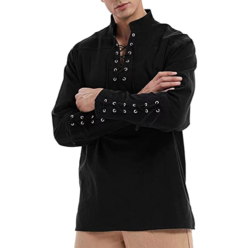 Fulidngzg Gothic Kleidung Herren Historische Slim Fit Piratenkostüm Leinen Cosplay Ohne Kragen Sommerhemd Wikinger 4XL Mittelalter Hemd Langarm Schwarz Kettenhemd Römer Sommer Hemd Leinen Hemden