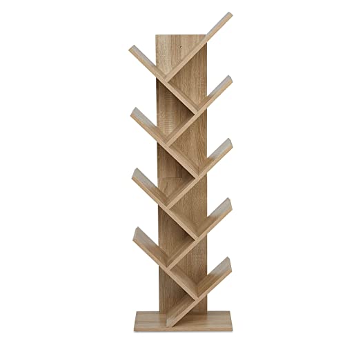 Meerveil Bücherregal, Aufbewahrungsregal in Baumform mit 9 Fächern aus Holz Regal for CDs Magazine in Büro Buchhandlung Home, 40x20x127cm, Eiche