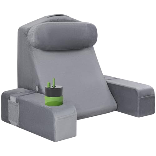 Lesekissen für Erwachsene - Rückenkissen fürs Bett mit abnehmbaren Armlehnen, Getränkehalter & Handyablage - Kissenrückenlehne für bequemes Sitzen im Bett (GRAU, 48 cm)