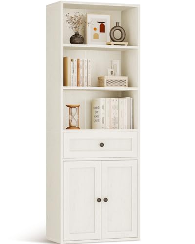 Coleshome Bücherregal mit Türen und Schrank Regal mit 5 Ebenen, Stehendes Etagenregal mit Schubladen zur Aufbewahrung und Präsentation für Zuhause, Büro, Wohnzimmer, Schlafzimmer, Weiß, 48x24x164.2