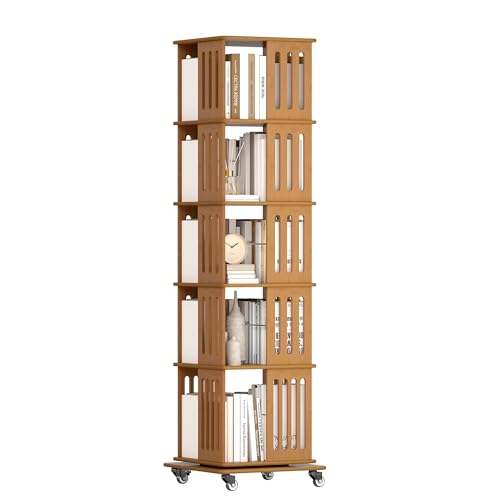 SOCOMFAY 5-Ebenen Drehbares Bücherregal, 360 Grad Rotating Bookshelf mit Rollen, Holz Quadratisch Display Regal für Wohnzimmer Schlafzimmer Büro(Braun)