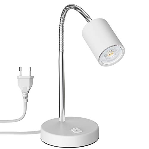 ledscom.de Tischleuchte WAIKA mit Schwanenhals und Schalter weiß matt, inkl. GU10 LED Lampe (warmweiß, 5,4W, 510lm, 45°)