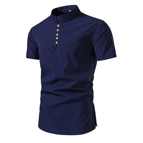 Hemden Für Männer Herren Hemd Langarm Herren Leinenhemd Henley Shirt Fit Freizeithemd Shirts Knopfleiste Leicht Casual T-Shirt Herren F-Dark Blue1 4XL