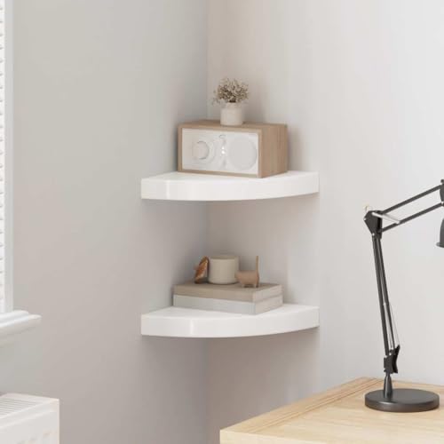 HFXHIJXQ Wandregal 2er Set 25x25x3,8 cm Hochglanz Weiß, Eckregal Schweberegal aus MDF und Metall bis 5 kg belastbar, Modernes Design für Bad, Küche, Schlafzimmer und Büro