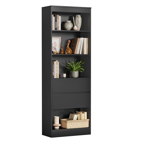 FORABAMB Bücherregal, Bücherschrank mit 2 Schubladen & 4 Fächern, Wohnzimmerschrank mit verstellbaren Ablagen, Hochschrank für Wohnzimmer Schlafzimmer Arbeitszimmer, platzsparend,180x60x24 cm,Schwarz