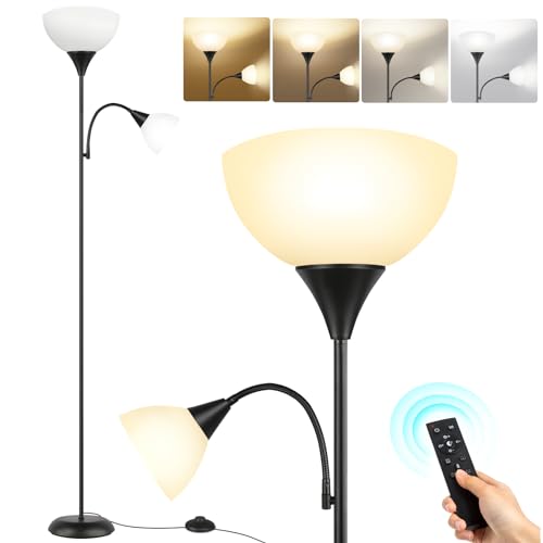 OUTON Stehlampe Wohnzimmer mit Leselampe, LED Dimmbar Deckenfluter, Stehleuchte mit Fernbedienung, 4 Farbtemperaturen, 1H Timer, Speicherfunktion, und 9W Glühbirnen, für Büro Schlafzimmer (Schwarz)