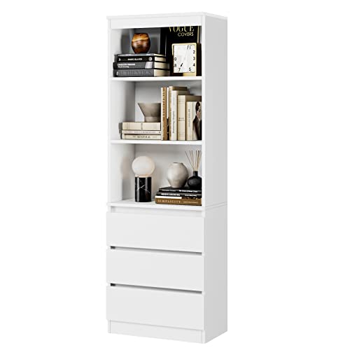 FirFurd Bücherregal mit 3 Schubladen 3 Fächern, 180 cm Hochschrank, Küchenschrank aus Holz, Mehrzweckschrank für Wohnzimmer Büro Küche, Weiß