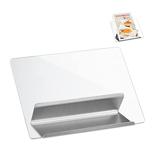 Relaxdays Buchständer, Kochbuchhalter mit Spritzschutz, HBT: 15,5 x 29 x 16 cm, Edelstahl & Glas, Leseständer, silber, anthrazit