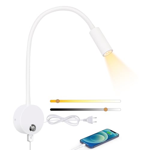 ERWEY Leselampe Wandmontage, Wandlampe mit Schalter Touch Dimmbar 3000K-6000K und USB-Ladeanschluss, 360° Schwenkbar Schwanenhals Lampe Bettlampe mit Stecker und Kabel für Schlafzimmer