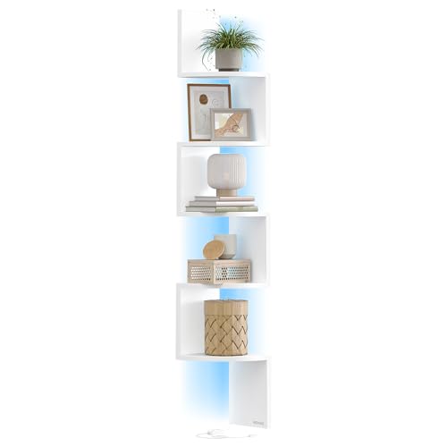 VASAGLE Eckregal mit LED-Beleuchtung, Wandregal 5 Ebenen, Schweberegal für Bücher, Bücherregal, Pflanzenregal für Schlafzimmer, Wohnzimmer, Badezimmer, Homeoffice, mattweiß LBC630W01